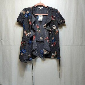 Maurices Floral Wrap Tie Top Ruffles Black White Checkered Women's Small NWT